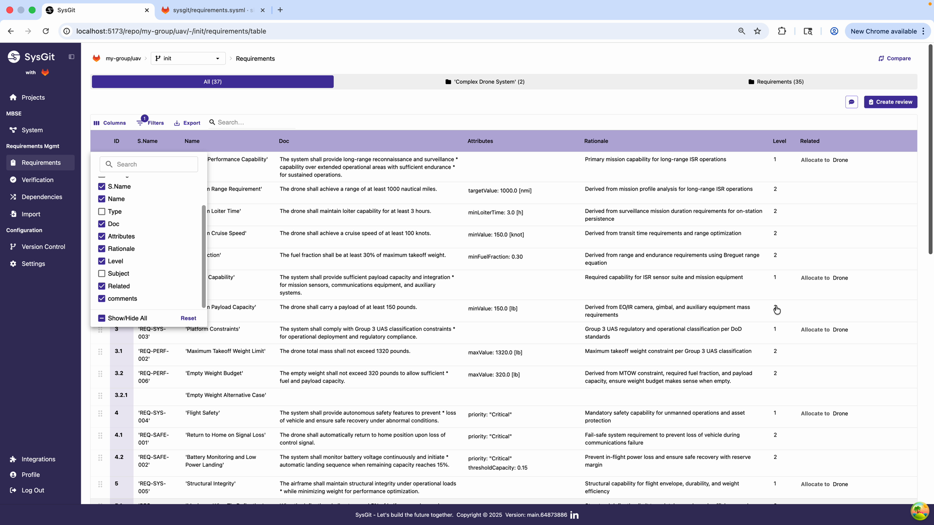 Column selector showing available fields
