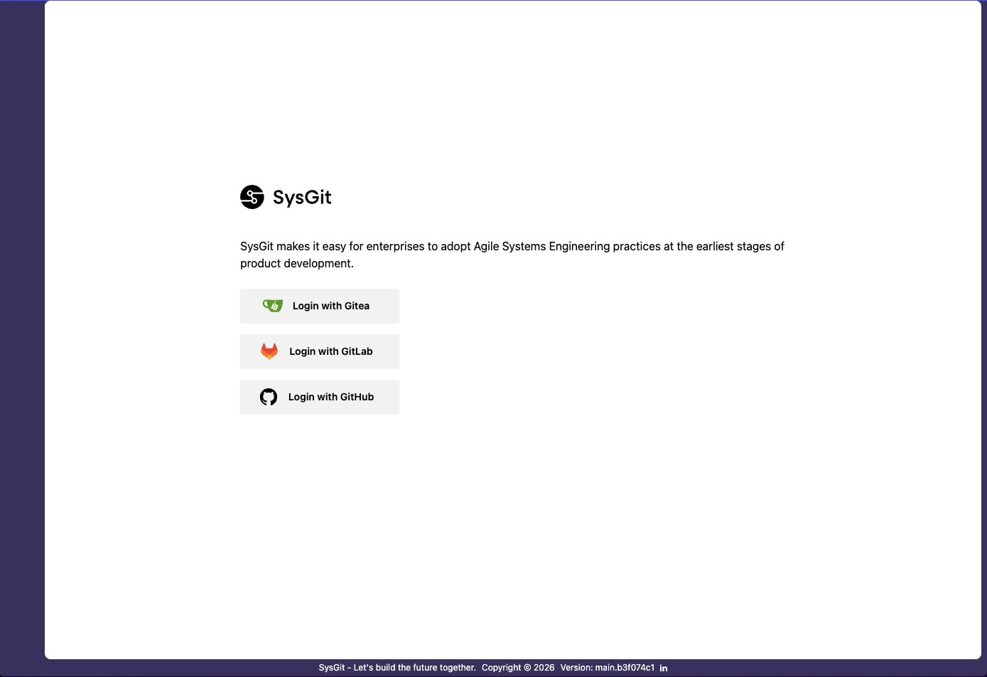 SysGit login page showing Git provider options