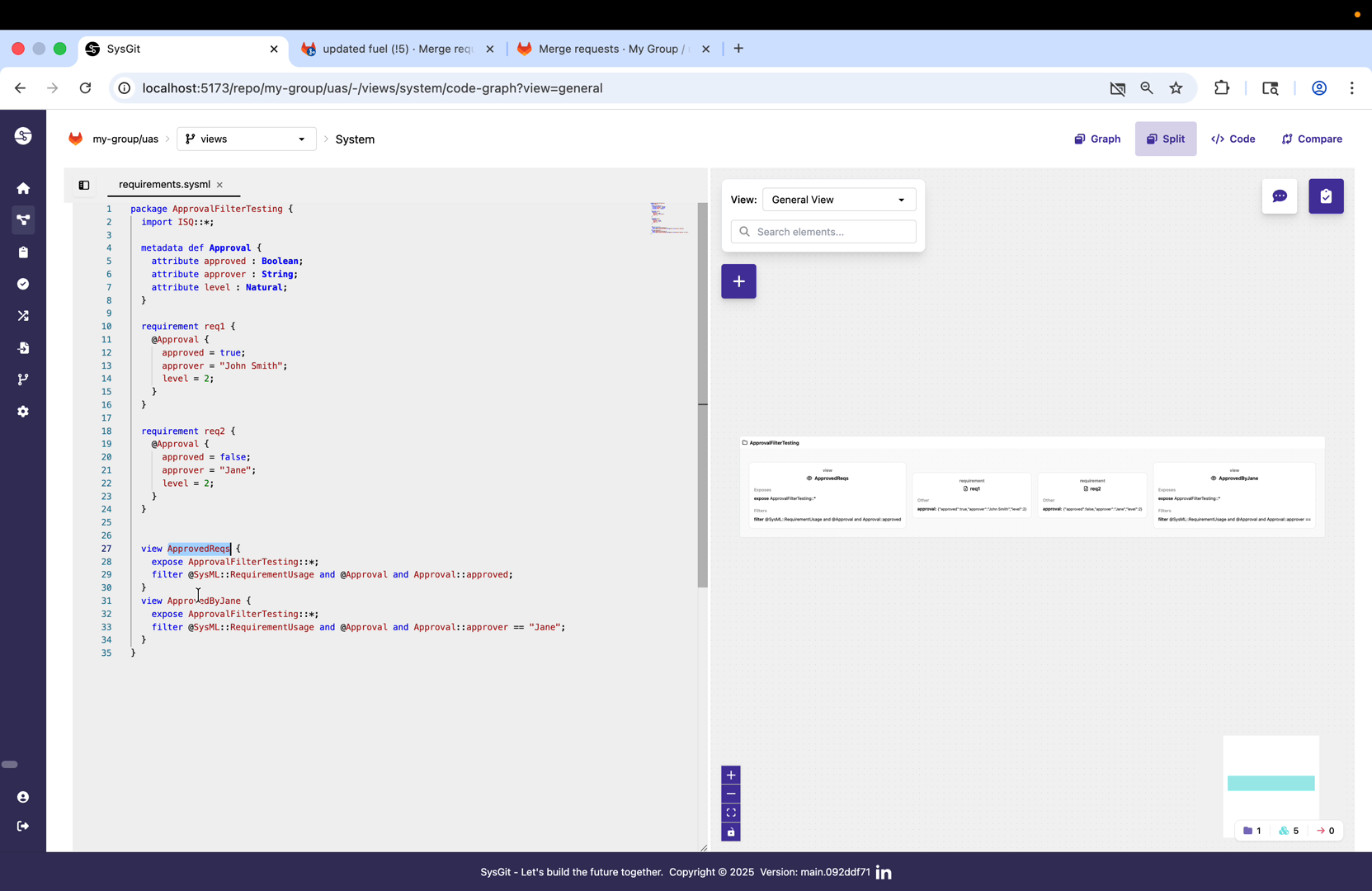 View definitions showing filter expressions for approved requirements